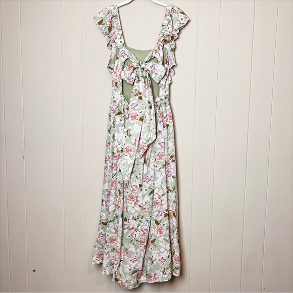 En Saison Maris Green Floral Midi Dress Medium tie back ruffle flowy retro sage - Picture 4 of 13